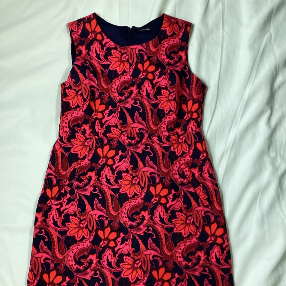 Land’s End Sleeveless Ponte Knit Pink and Navy Paisley Dress